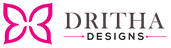 A logo featuring a bright pink butterfly-like emblem on the left and the text 'DRITHA DESIGNS' in dark gray on a plain white background.