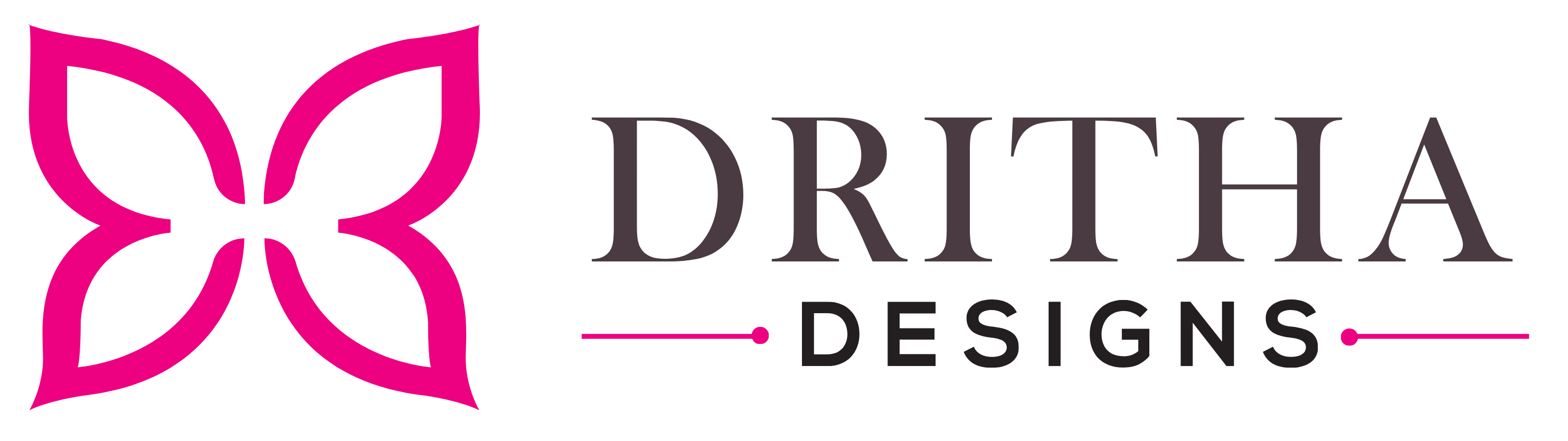 A logo featuring a bright pink butterfly-like emblem on the left and the text 'DRITHA DESIGNS' in dark gray on a plain white background.