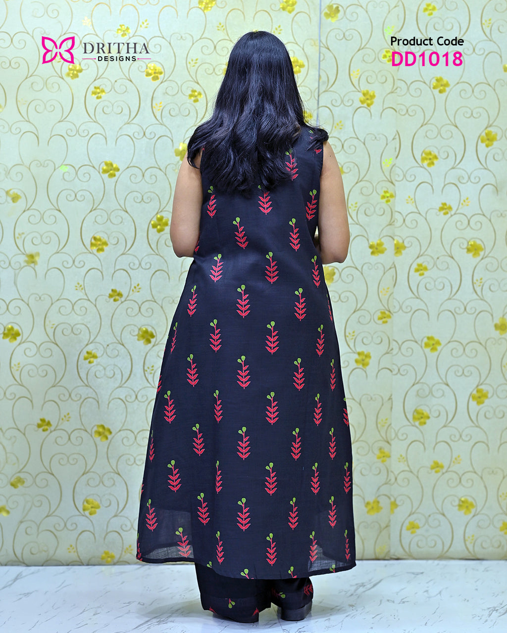 Black Blossom Semi Linen Co-Ord Set – Back View | DD1018 | Dritha Designs