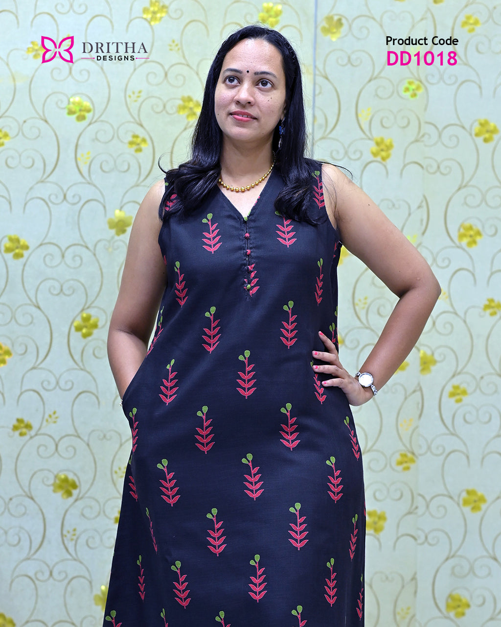 Black Blossom Semi Linen Co-Ord Set – Front View | DD1018 | Dritha Designs