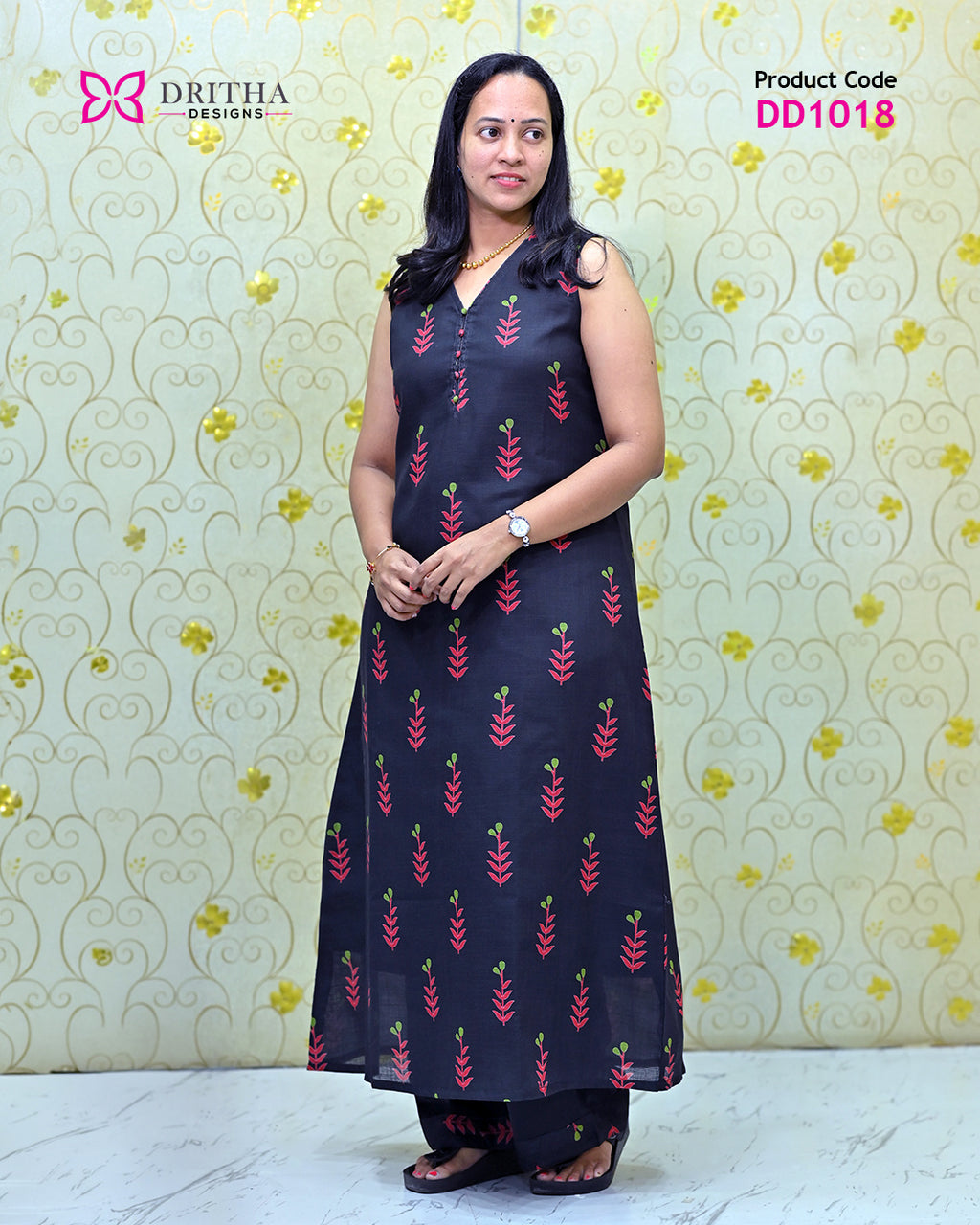 Black Blossom Semi Linen Co-Ord Set – Side View | DD1018 | Dritha Designs