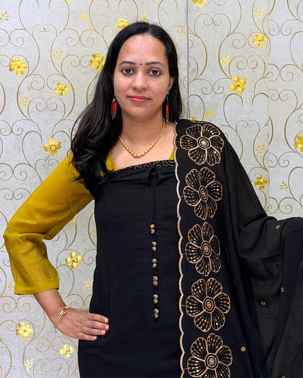 Black Georgette Salwar Material with Designer Dupatta DD1200 by Dritha Designs showing neckline and designer dupatta details