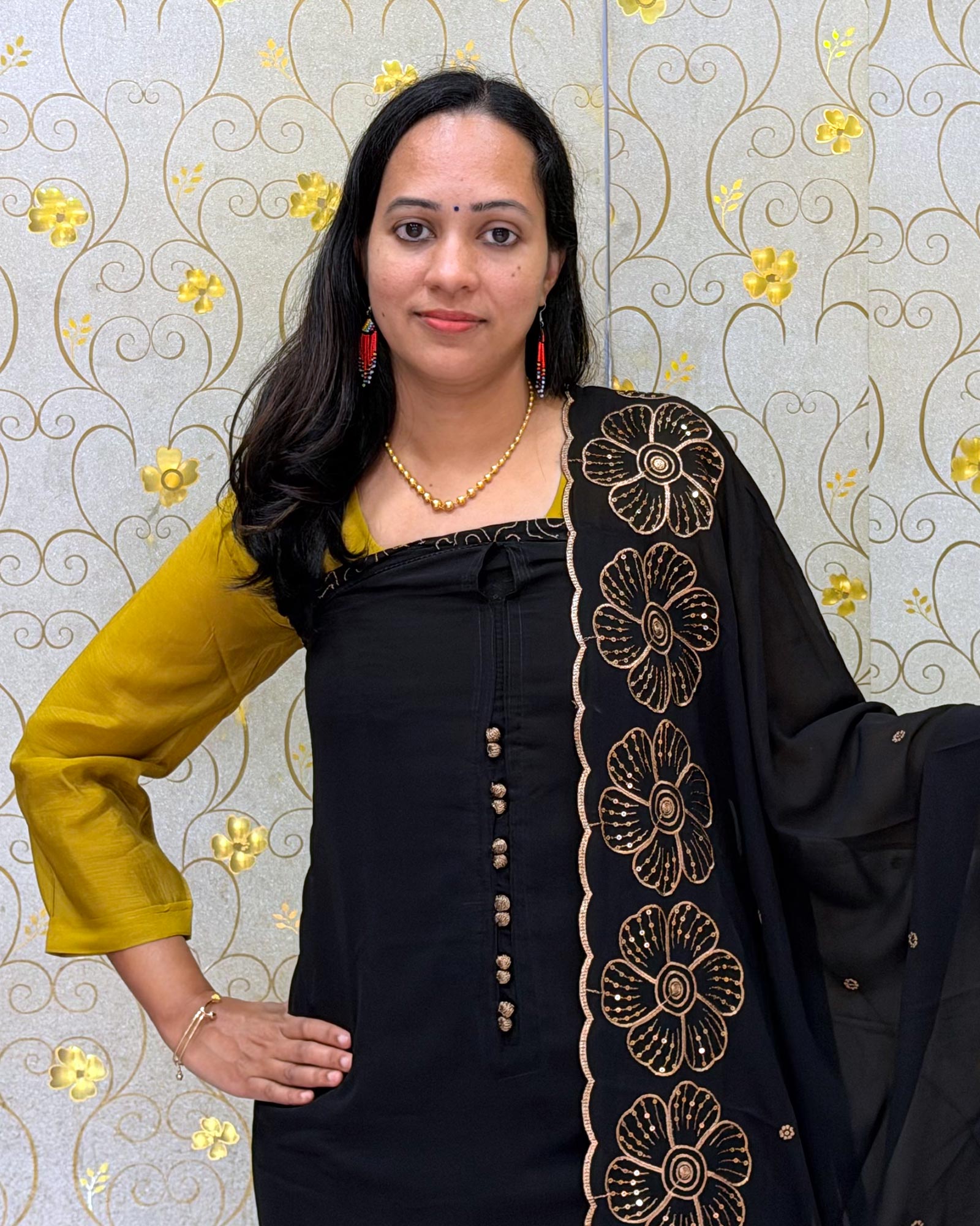 Black Georgette Salwar Material with Designer Dupatta DD1200 by Dritha Designs showing neckline and designer dupatta details