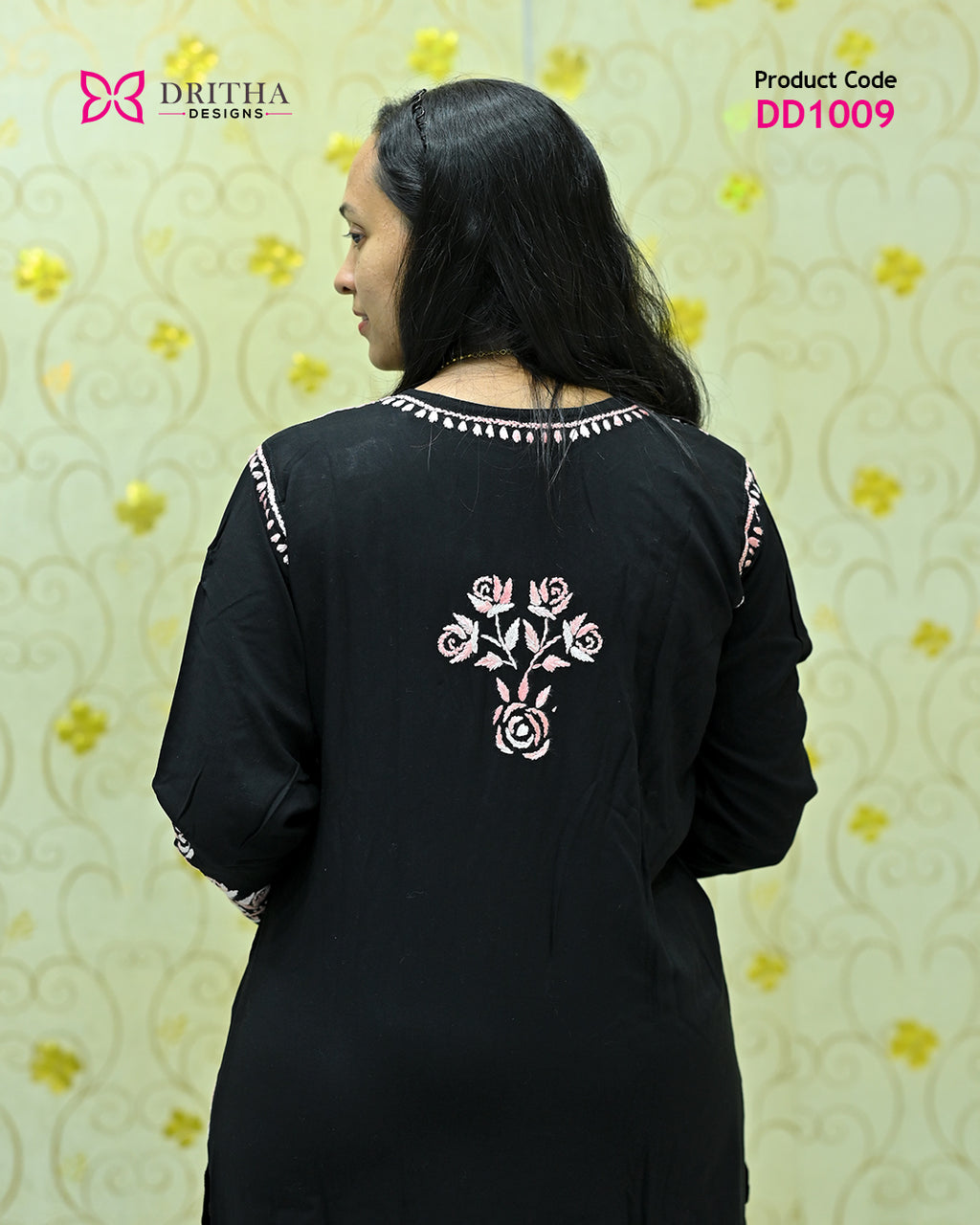 Black Rayon Chikankari Co-Ord Set – Back View | DD1009 | Dritha Designs