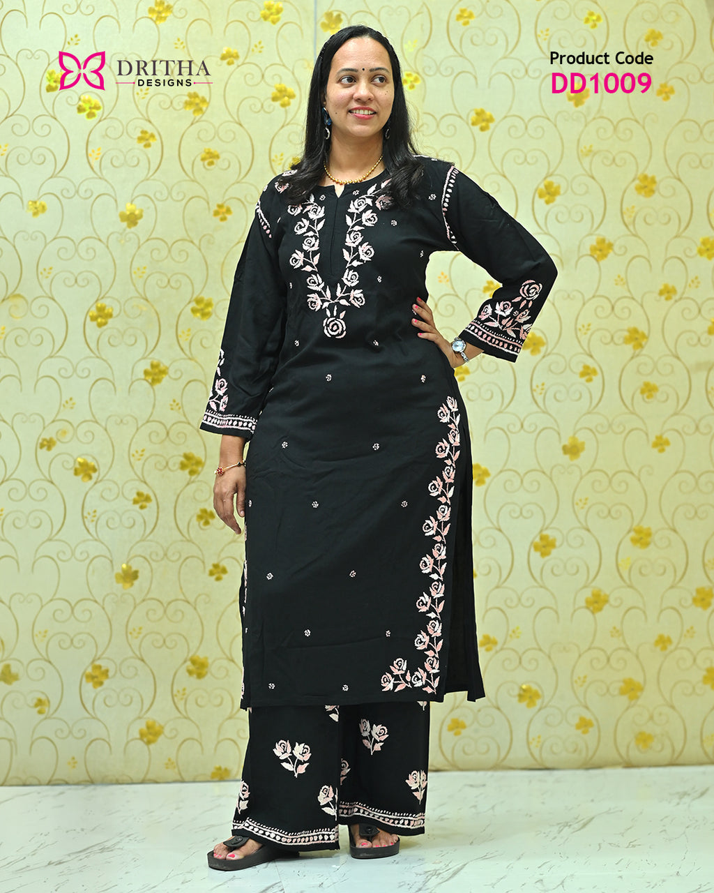 Black Rayon Chikankari Co-Ord Set – Full View | DD1009 | Dritha Designs