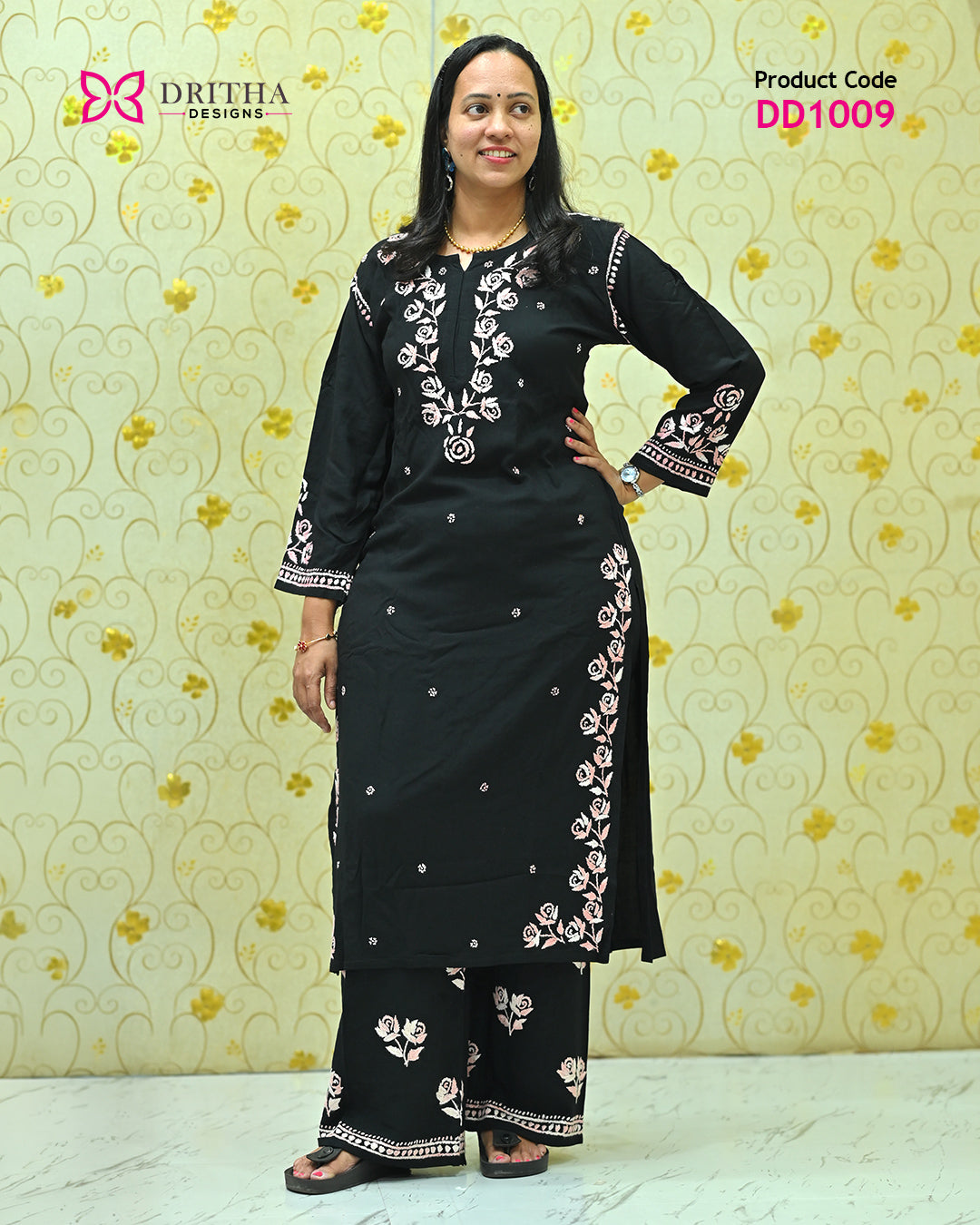 Black Rayon Chikankari Co-Ord Set – Full View | DD1009 | Dritha Designs