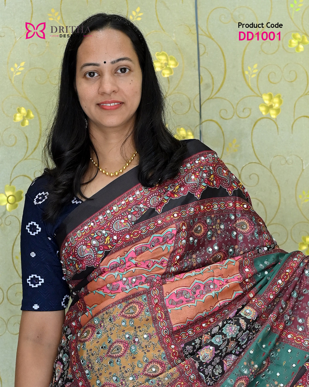 Black Semi Modal Mirror Work Silk Saree – Close-Up | DD1001 | Dritha Designs
