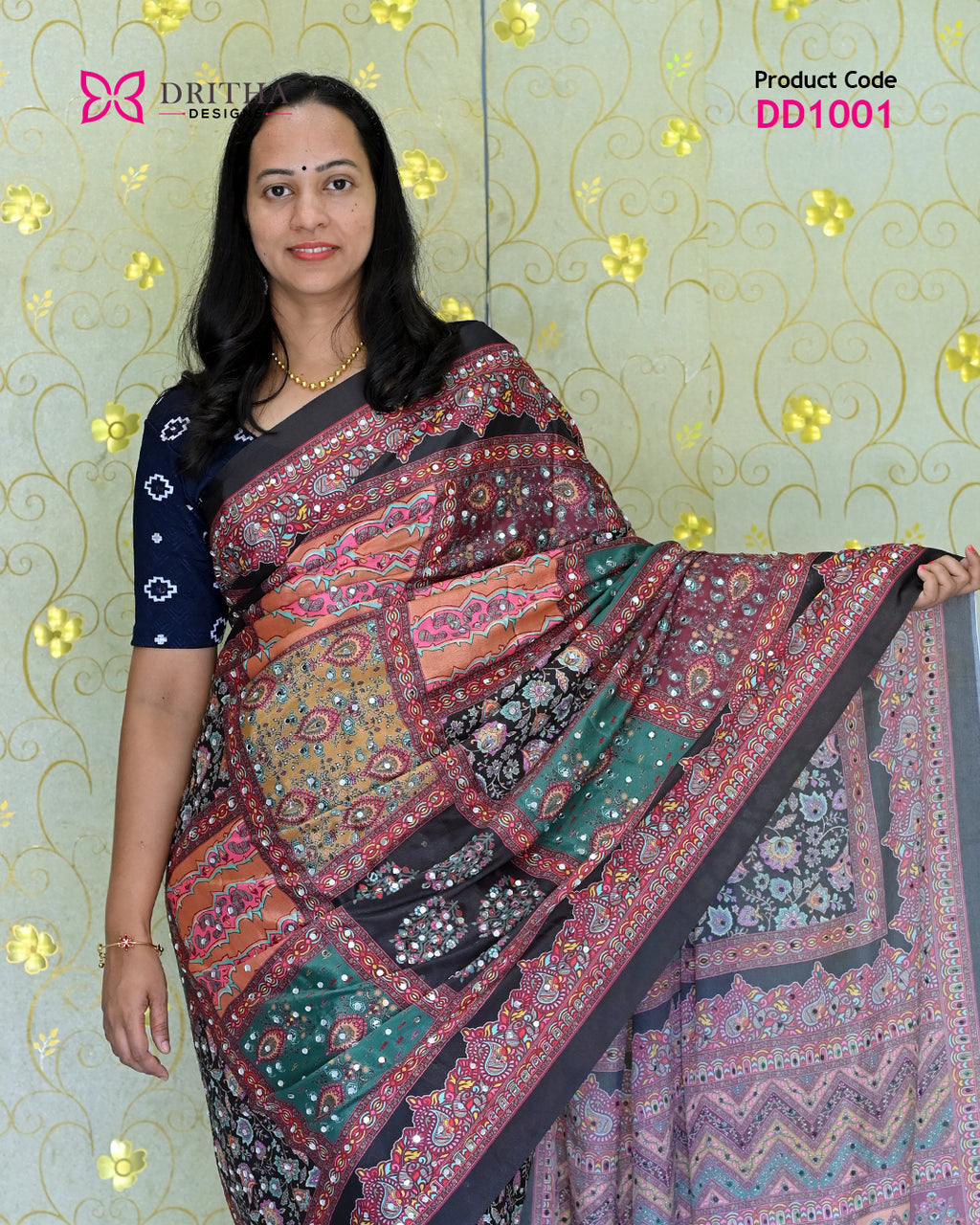 Black Semi Modal Mirror Work Silk Saree – Mid View | DD1001 | Dritha Designs