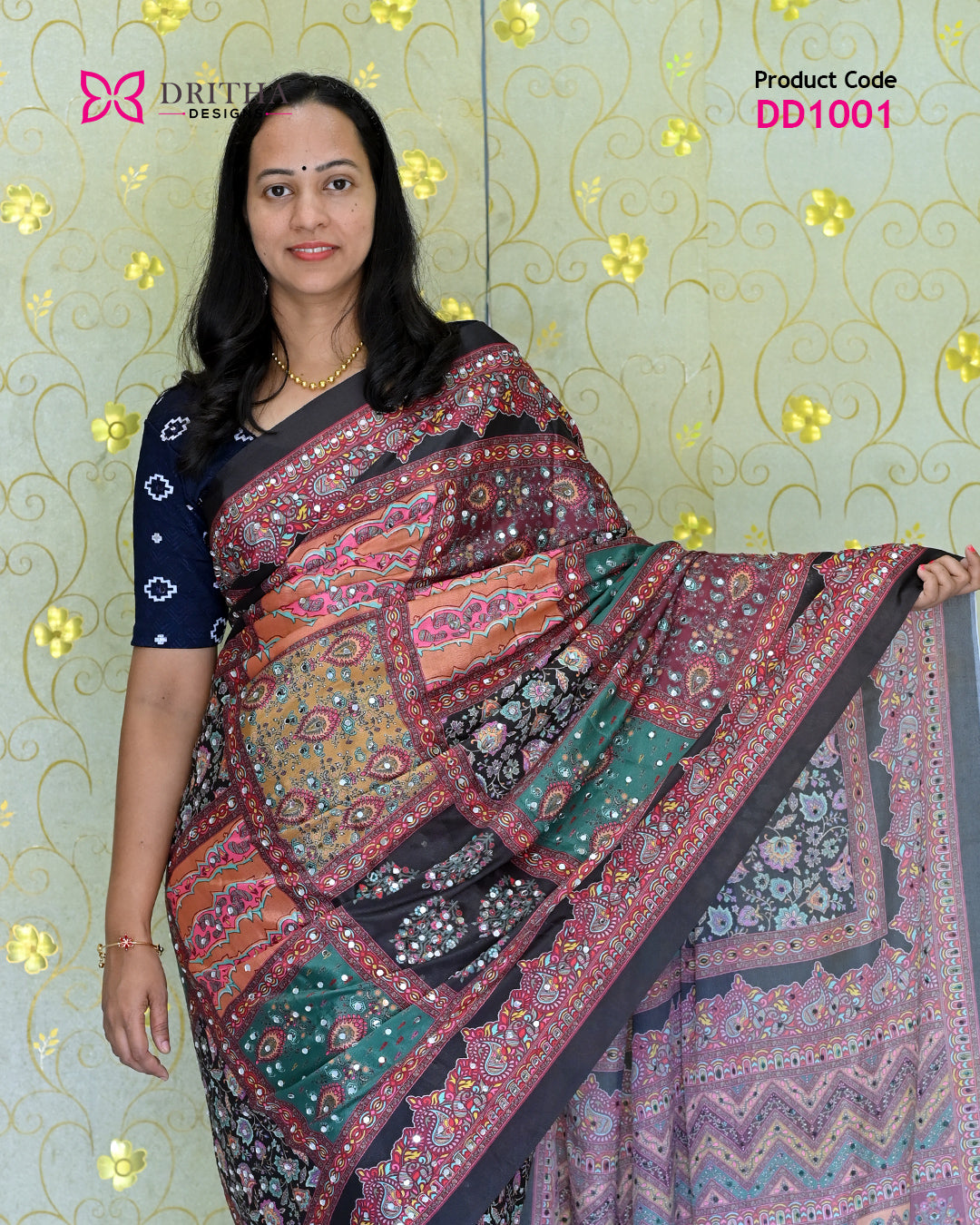 Black Semi Modal Mirror Work Silk Saree – Mid View | DD1001 | Dritha Designs