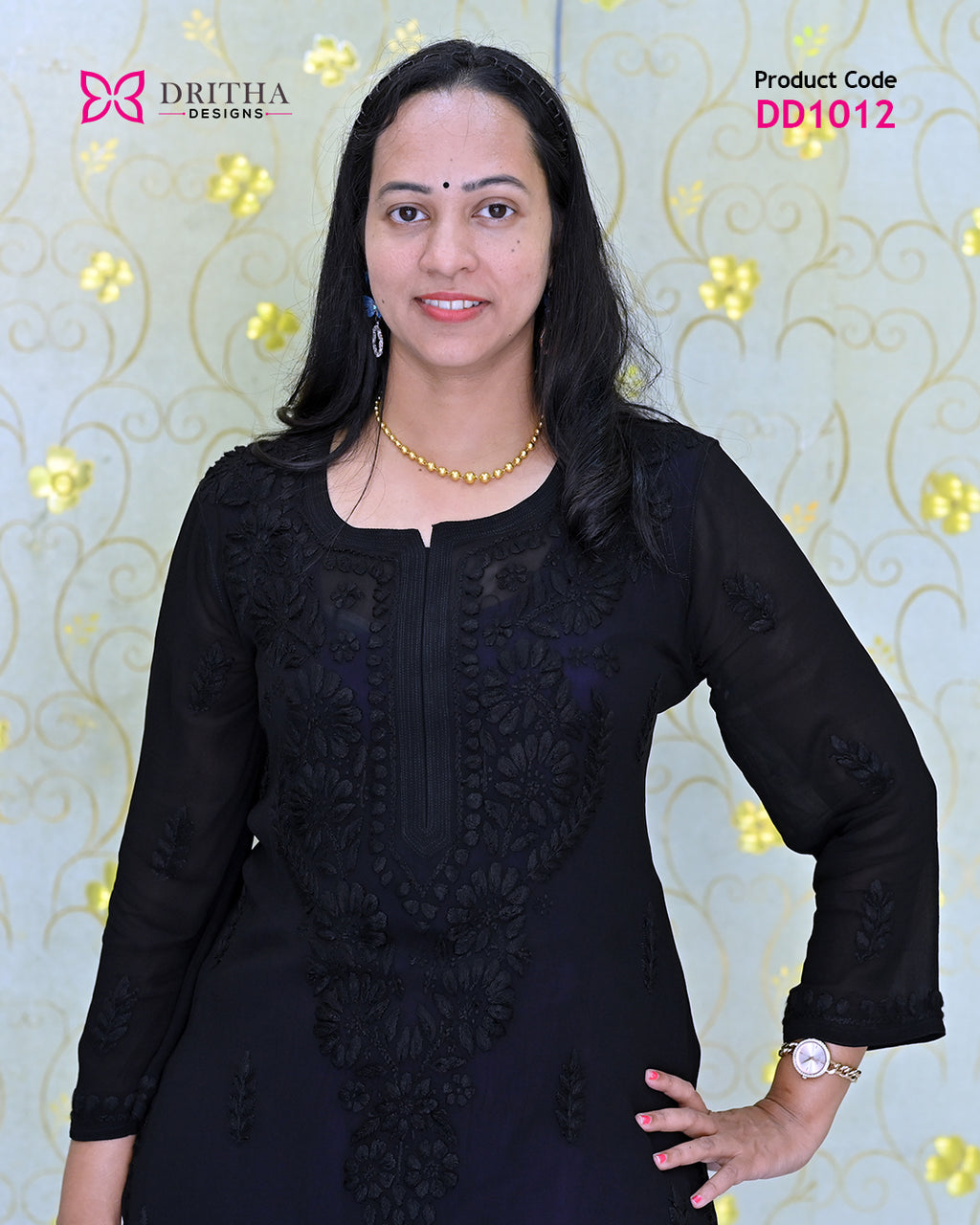 Black Viscose Chikankari Embroidered Kurti – Close-Up | DD1012 | Dritha Designs