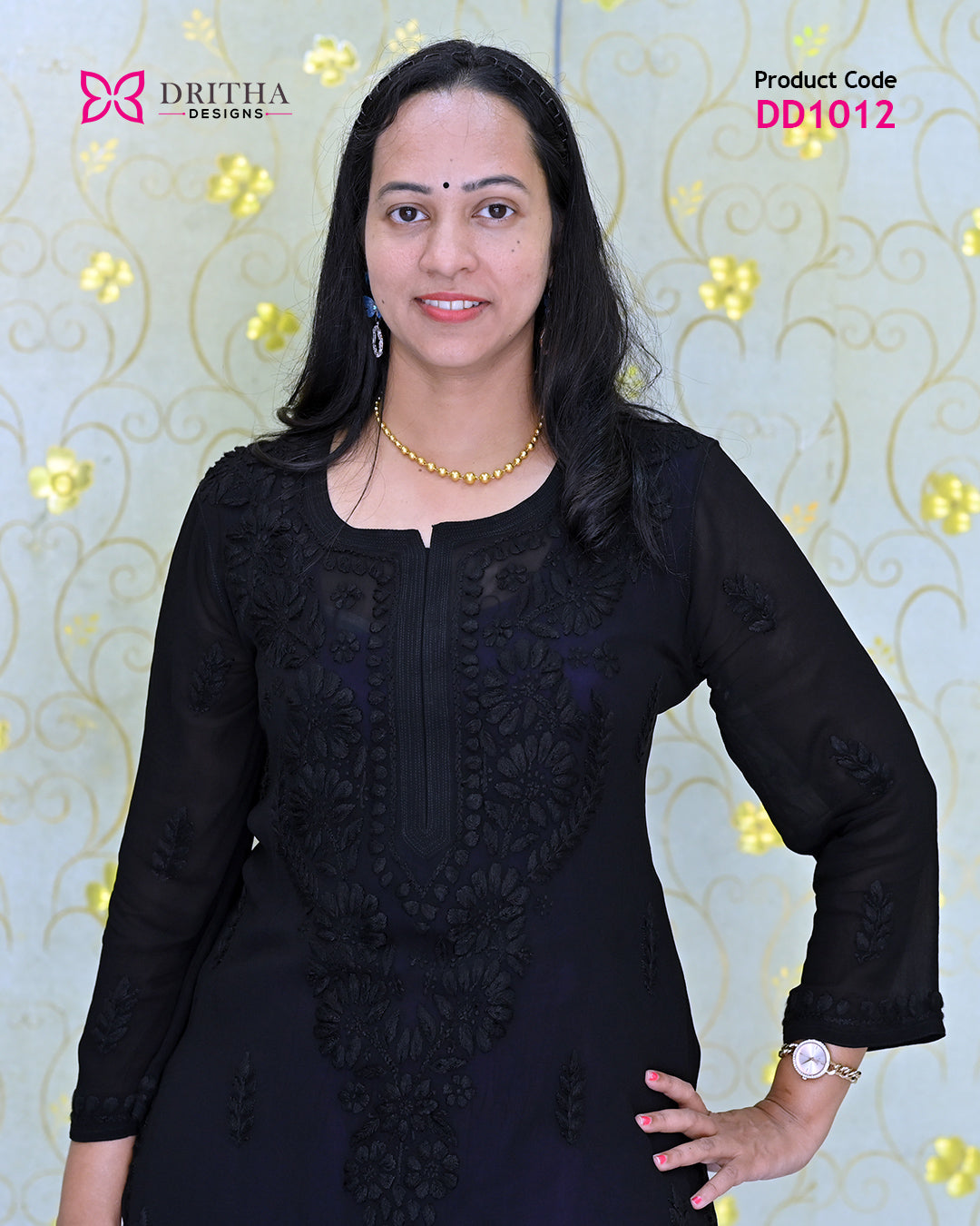 Black Viscose Chikankari Embroidered Kurti – Close-Up | DD1012 | Dritha Designs