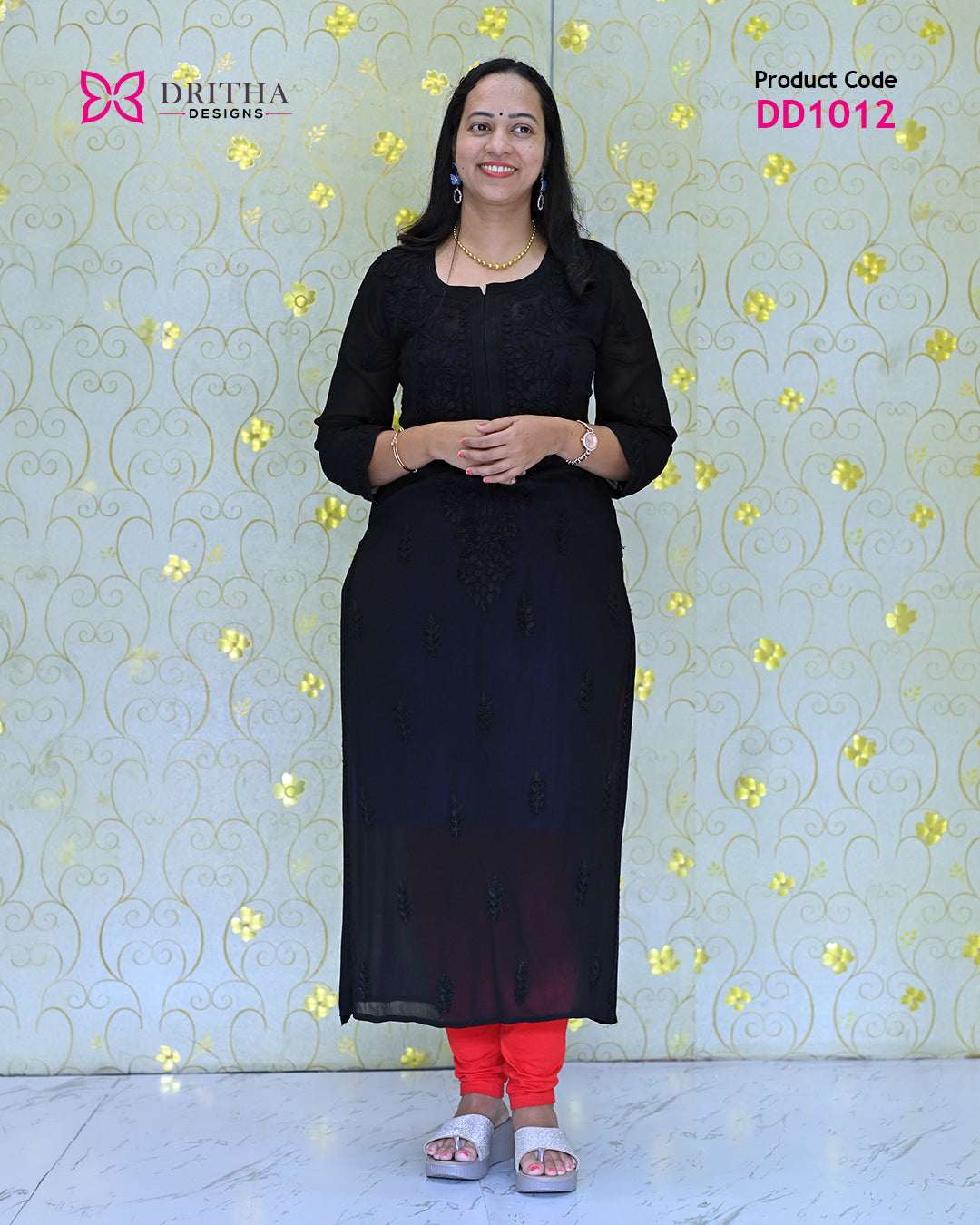 Black Viscose Chikankari Embroidered Kurti – Full View | DD1012 | Dritha Designs