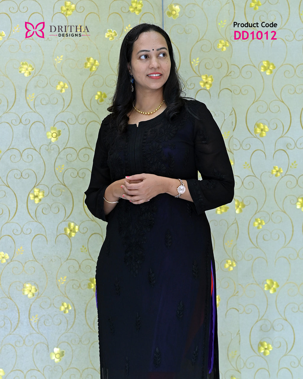 Black Viscose Chikankari Embroidered Kurti – Mid View | DD1012 | Dritha Designs
