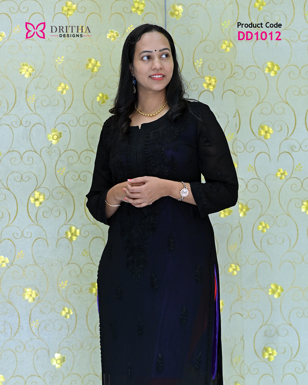 Black Viscose Chikankari Embroidered Kurti – Mid View | DD1012 | Dritha Designs