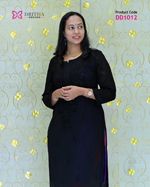 Black Viscose Chikankari Embroidered Kurti – Mid View | DD1012 | Dritha Designs