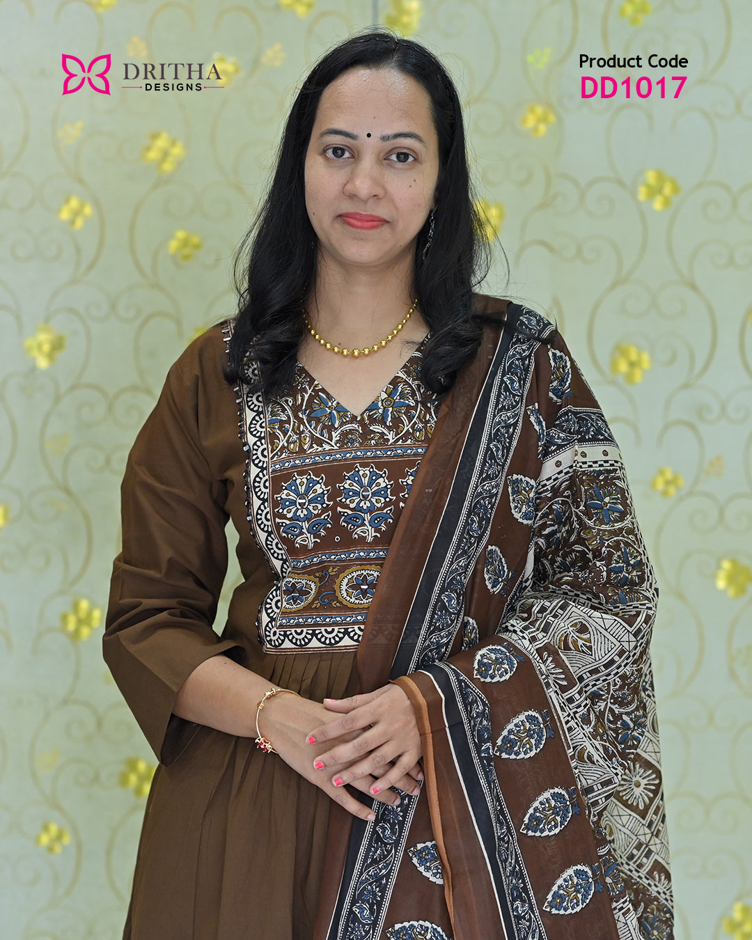 Coffee Brown Printed Cotton Salwar Suit Set – Close-Up | DD1017 | Dritha Designs
