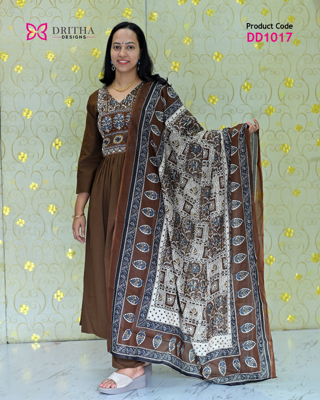 Coffee Brown Printed Cotton Salwar Suit Set – Front View | DD1017 | Dritha Designs