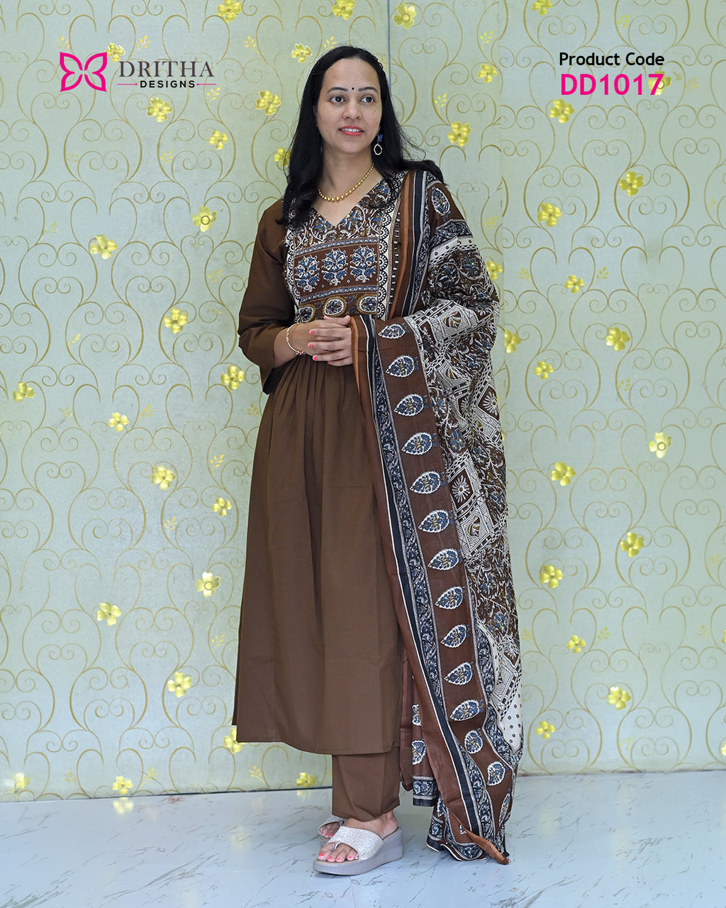 Coffee Brown Printed Cotton Salwar Suit Set – Full View | DD1017 | Dritha Designs