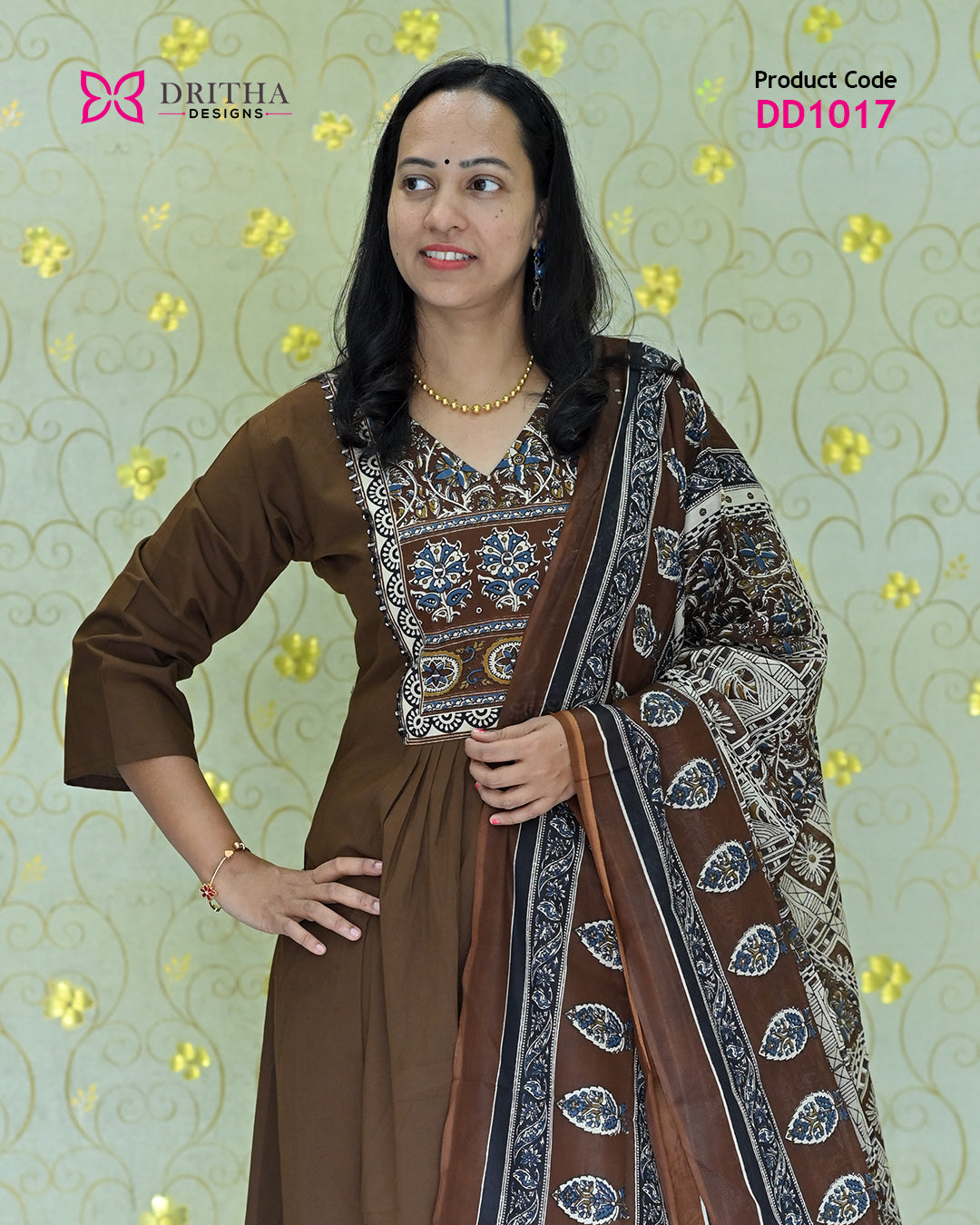 Coffee Brown Printed Cotton Salwar Suit Set – Mid View | DD1017 | Dritha Designs