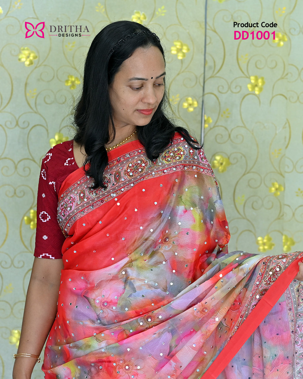 Coral Semi Modal Mirror Work Silk Saree – Close-Up | DD1001 | Dritha Designs