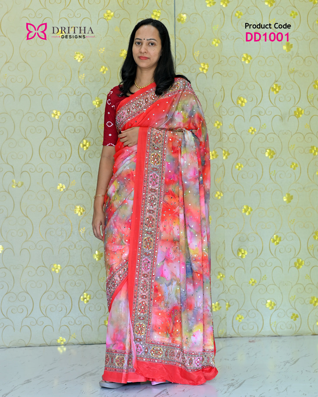 Coral Semi Modal Mirror Work Silk Saree – Full View | DD1001 | Dritha Designs