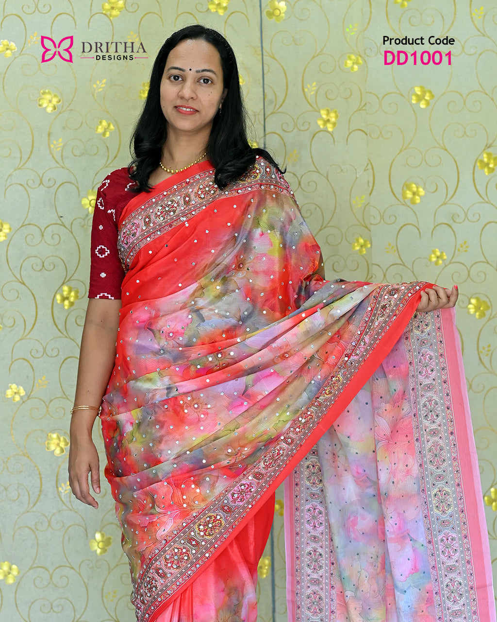 Coral Semi Modal Mirror Work Silk Saree – Mid View | DD1001 | Dritha Designs