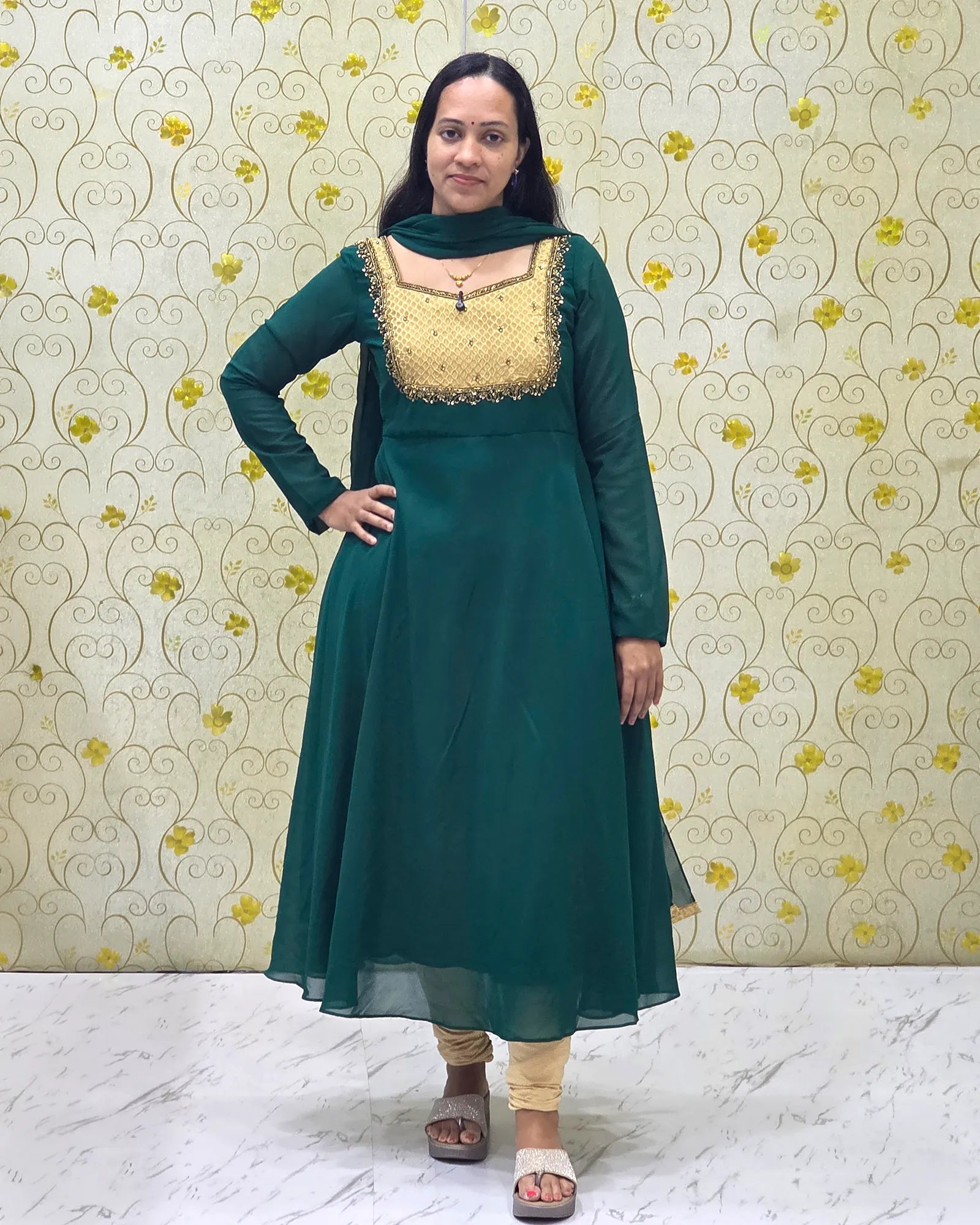Premium Emerald Green Georgette Hand-Worked Anarkali Top with Dupatta front view Dritha Designs DD1204