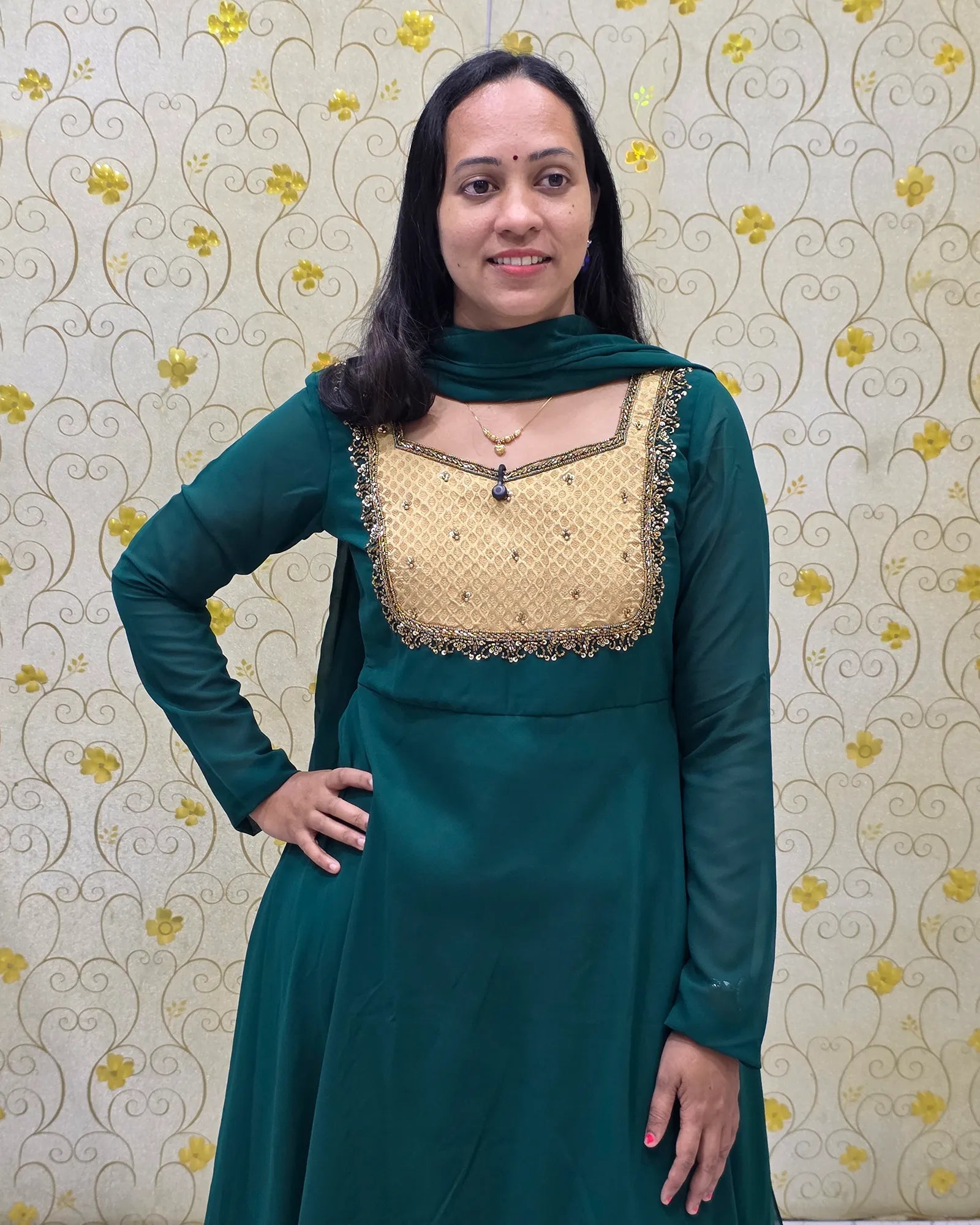 Emerald Green Georgette Anarkali set with hand-worked gold embroidery yoke Dritha Designs DD1204