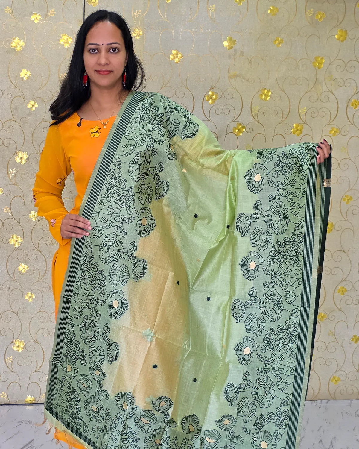 A light green Jamdani floral dupatta with elegant traditional detailing, part of the DD1209 salwar material by Dritha Designs.