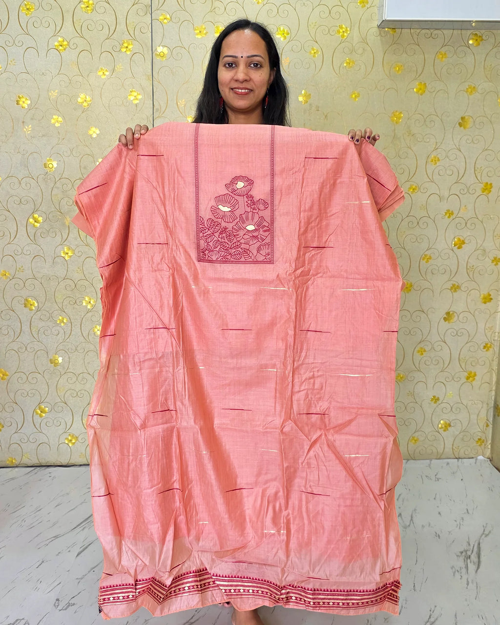 Full view of the peach Jamdani floral salwar material showcasing its graceful floral design from Dritha Designs, DD1209.