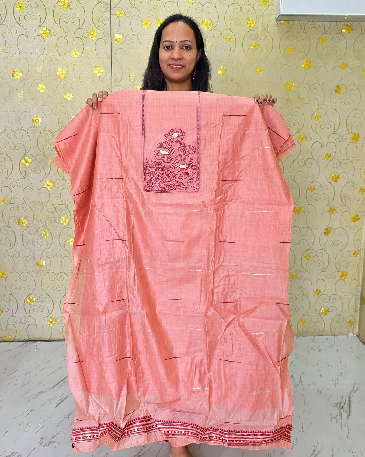 Full view of the peach Jamdani floral salwar material showcasing its graceful floral design from Dritha Designs, DD1209.