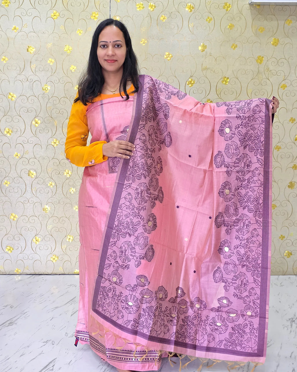 Full view of the pink Jamdani floral salwar material showcasing its graceful floral design from Dritha Designs, DD1209.