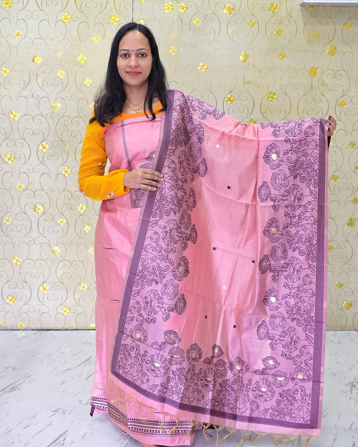 Full view of the pink Jamdani floral salwar material showcasing its graceful floral design from Dritha Designs, DD1209.