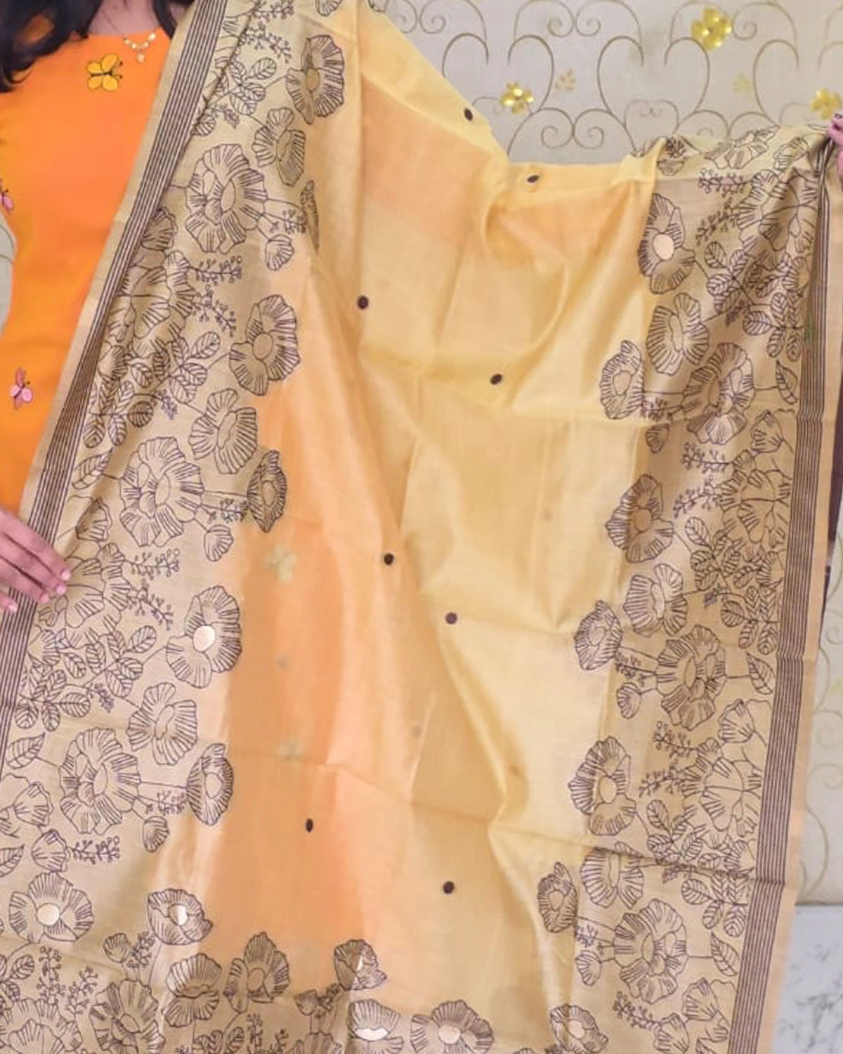 A yellow Jamdani floral dupatta with beautiful traditional detailing, part of the DD1209 salwar material by Dritha Designs.