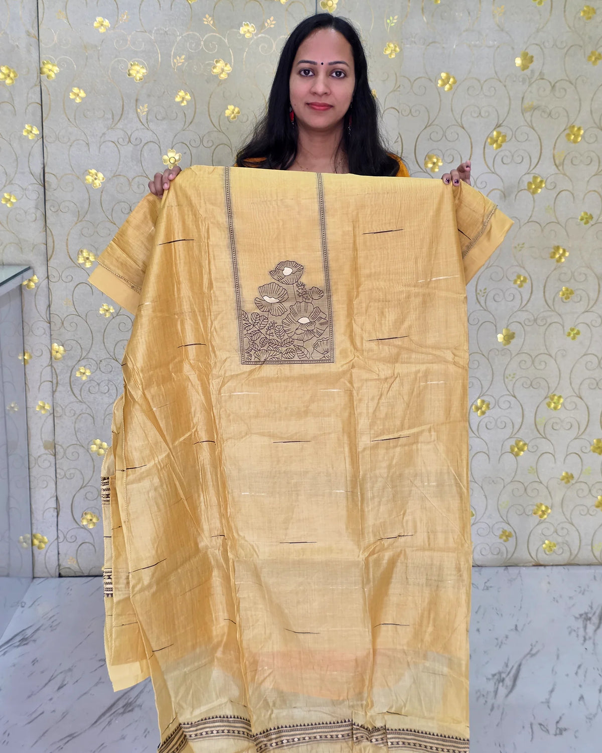 Full view of the yellow Jamdani floral salwar material showcasing its elegant floral design from Dritha Designs, DD1209.