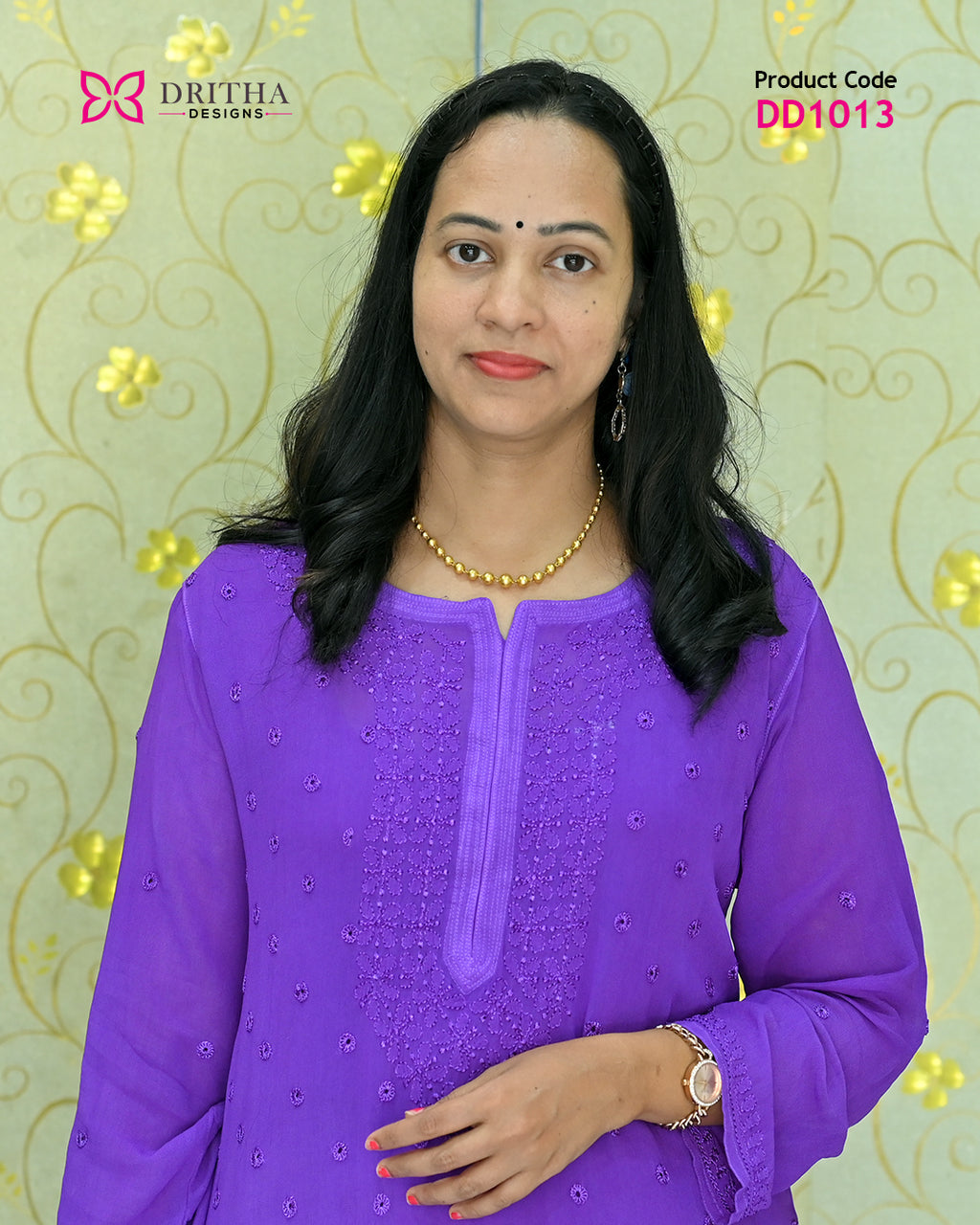 Lavender Viscose Chikankari Embroidered Kurti with Inner – Close-Up | DD1013 | Dritha Designs