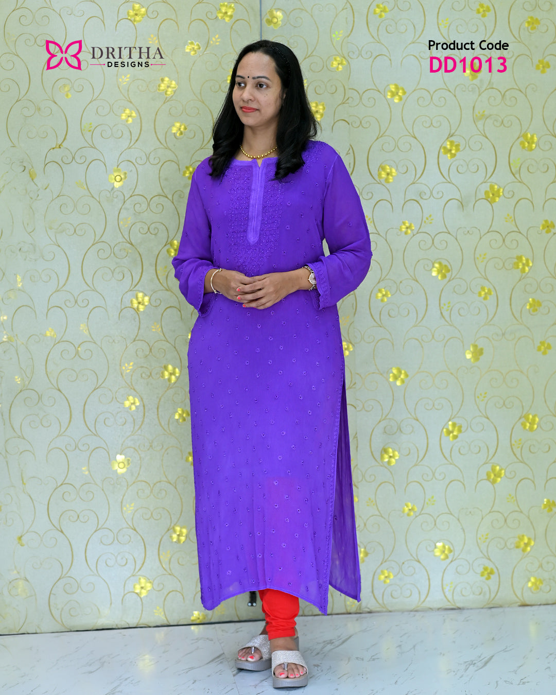 Lavender Viscose Chikankari Embroidered Kurti with Inner – Full View | DD1013 | Dritha Designs