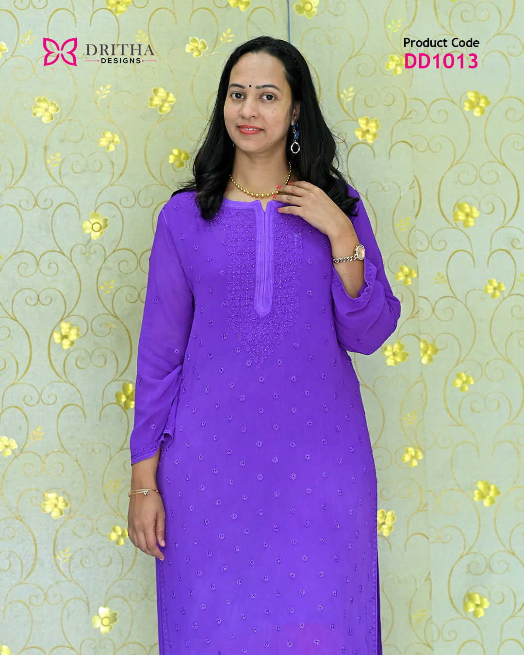 Lavender Viscose Chikankari Embroidered Kurti with Inner – Mid View | DD1013 | Dritha Designs