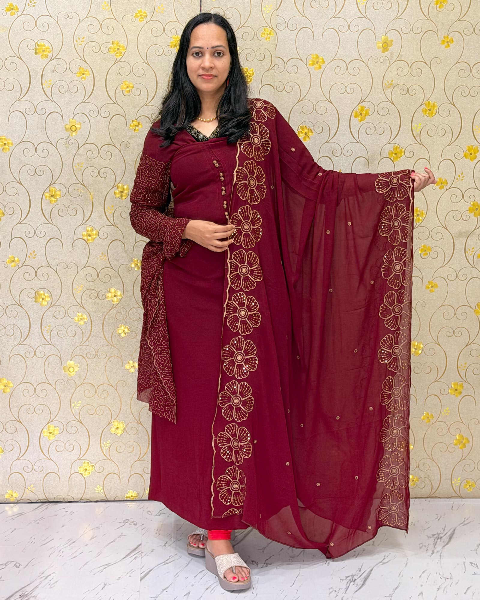 Maroon Georgette Salwar Material with Designer Dupatta DD1200 for women by Dritha Designs – Unstitched ethnic wear full view