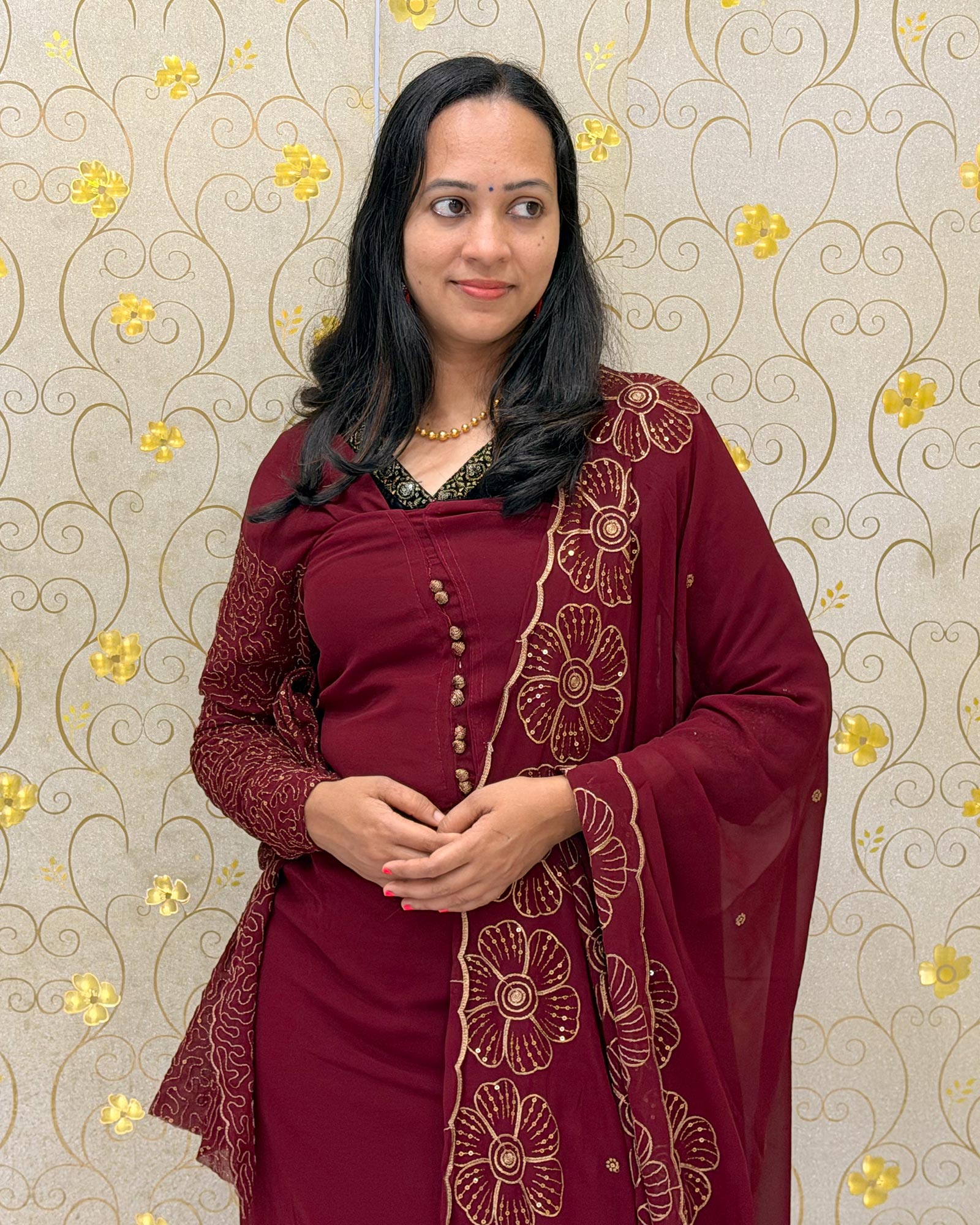 Maroon Georgette Salwar Material with Designer Dupatta DD1200 by Dritha Designs showing neckline and designer dupatta details