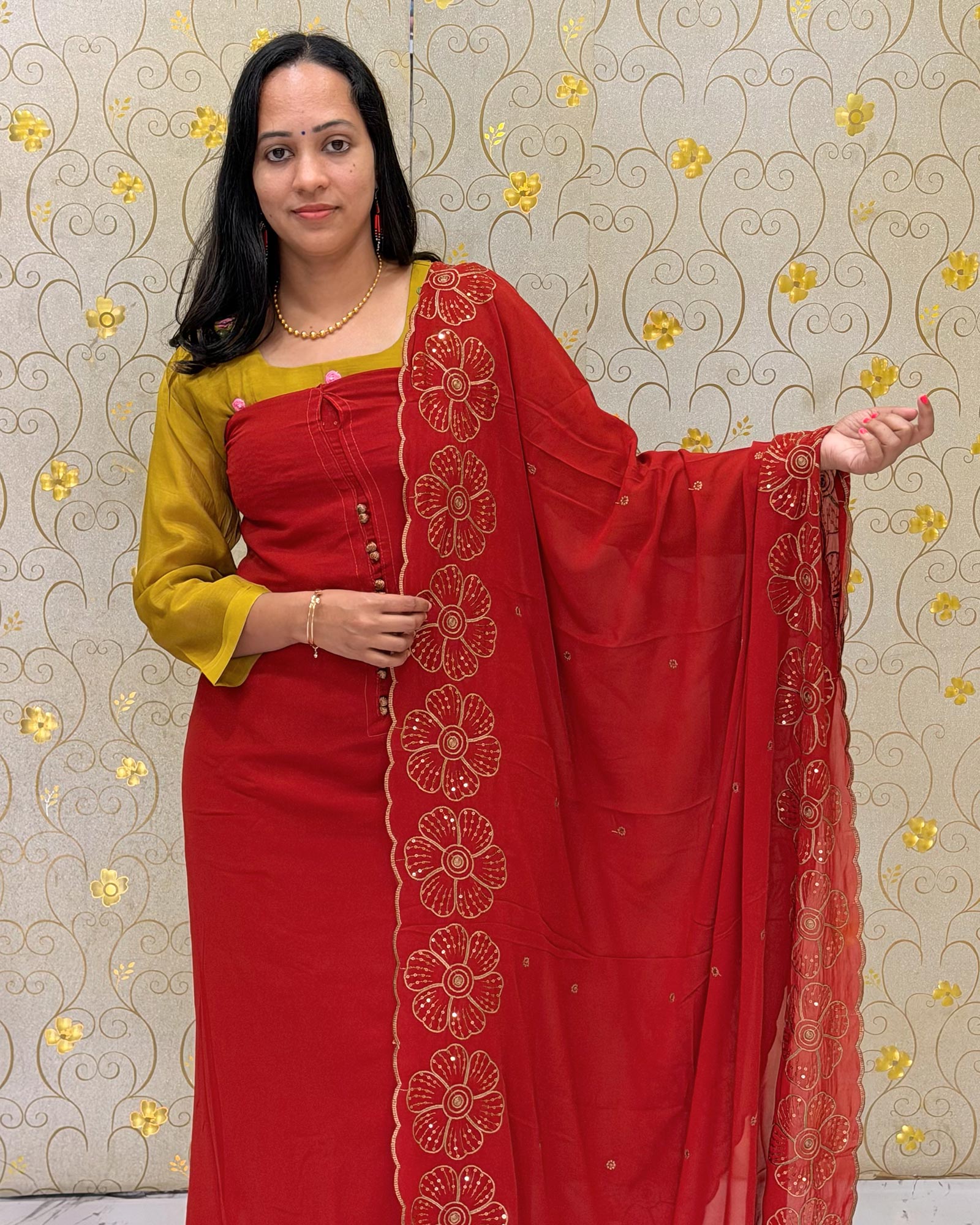 Orange Georgette Salwar Material with Designer Dupatta DD1200 for women by Dritha Designs – Unstitched ethnic wear full view