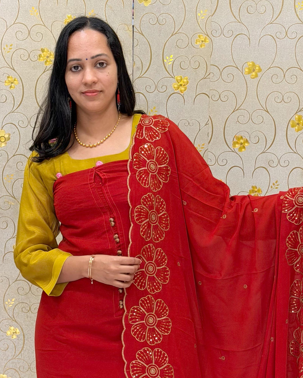 Orange Georgette Salwar Material with Designer Dupatta DD1200 by Dritha Designs showing neckline and designer dupatta details