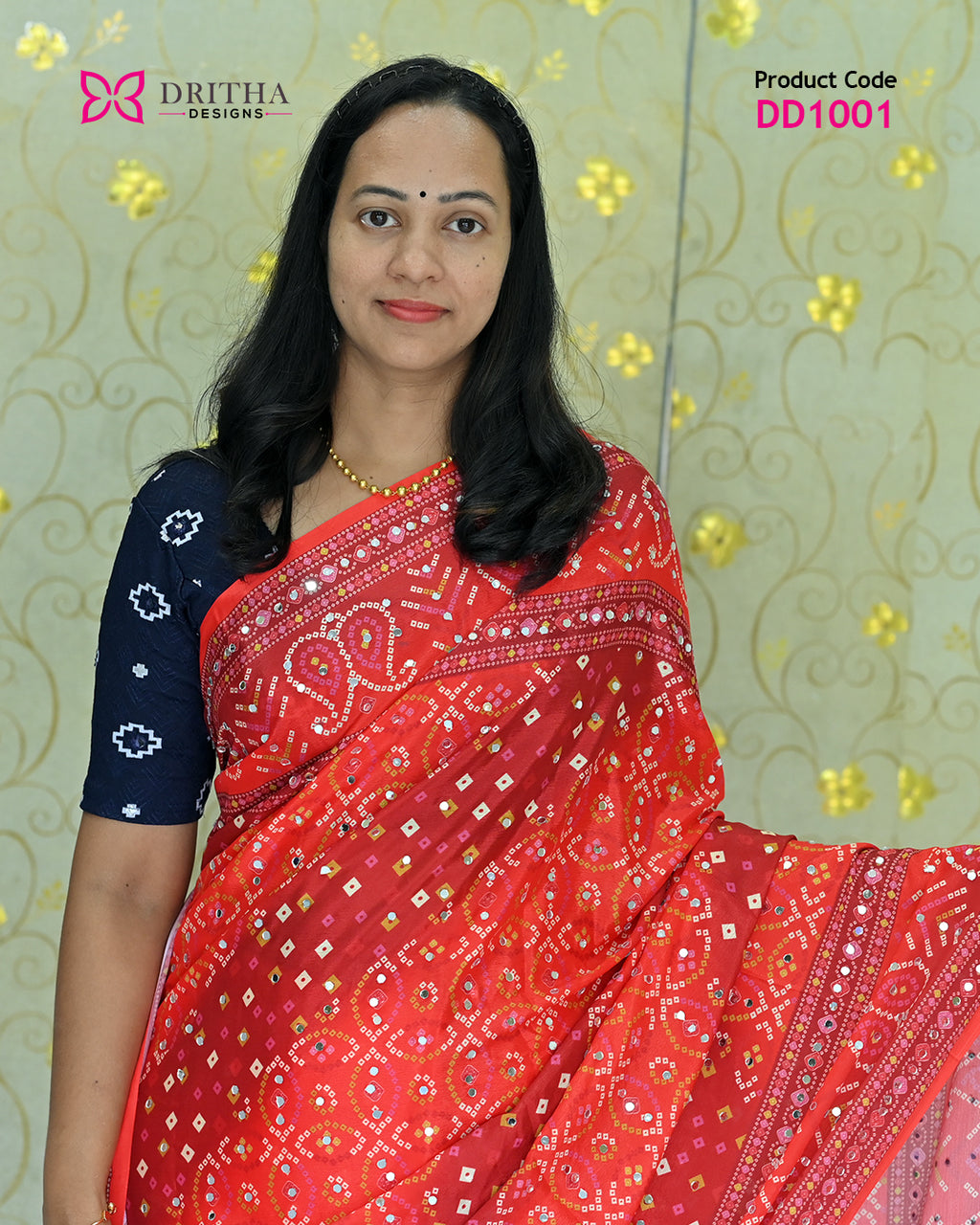 Orange Semi Modal Mirror Work Silk Saree – Close-Up | DD1001 | Dritha Designs