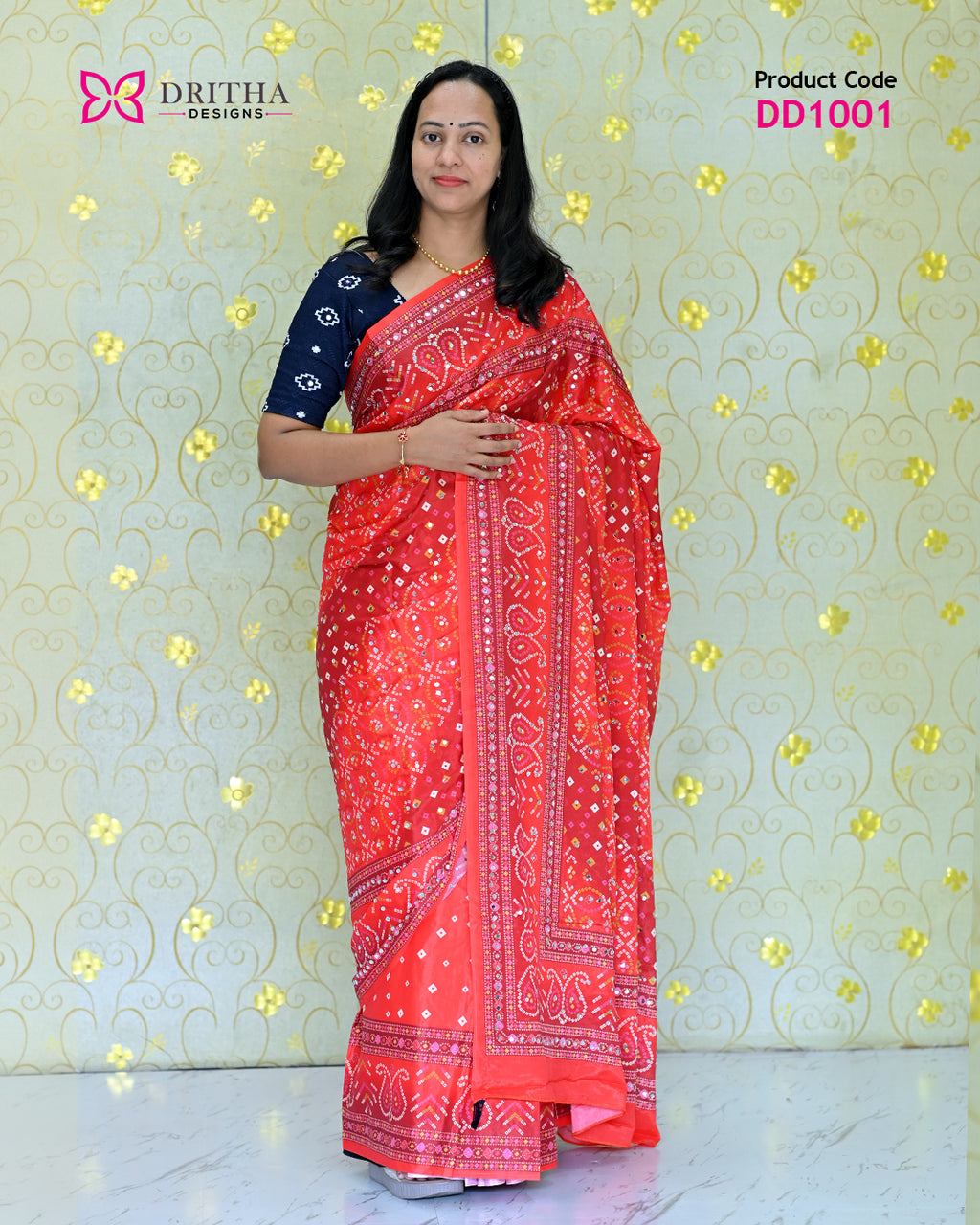 Orange Semi Modal Mirror Work Silk Saree – Full View | DD1001 | Dritha Designs