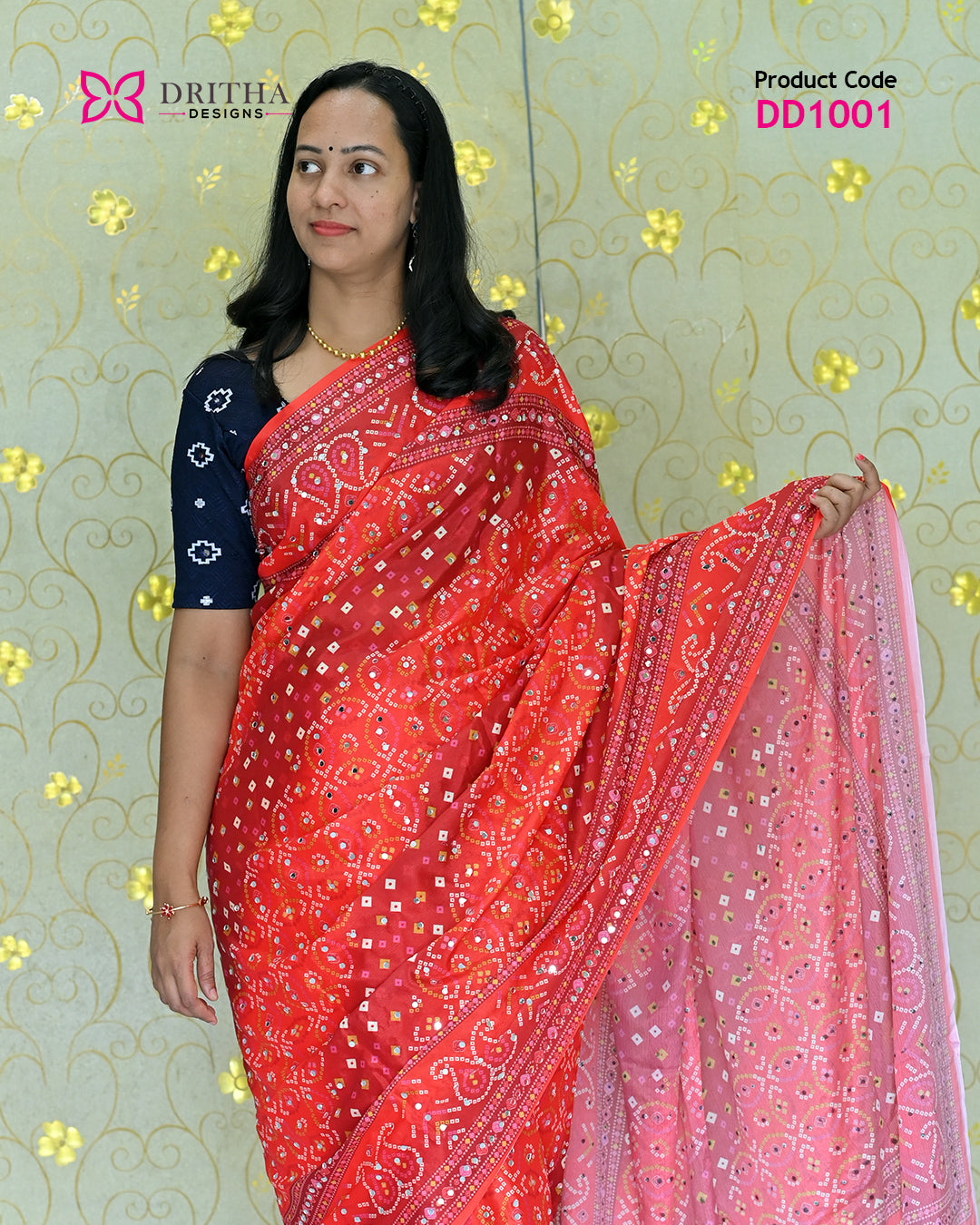 Orange Semi Modal Mirror Work Silk Saree – Mid View | DD1001 | Dritha Designs