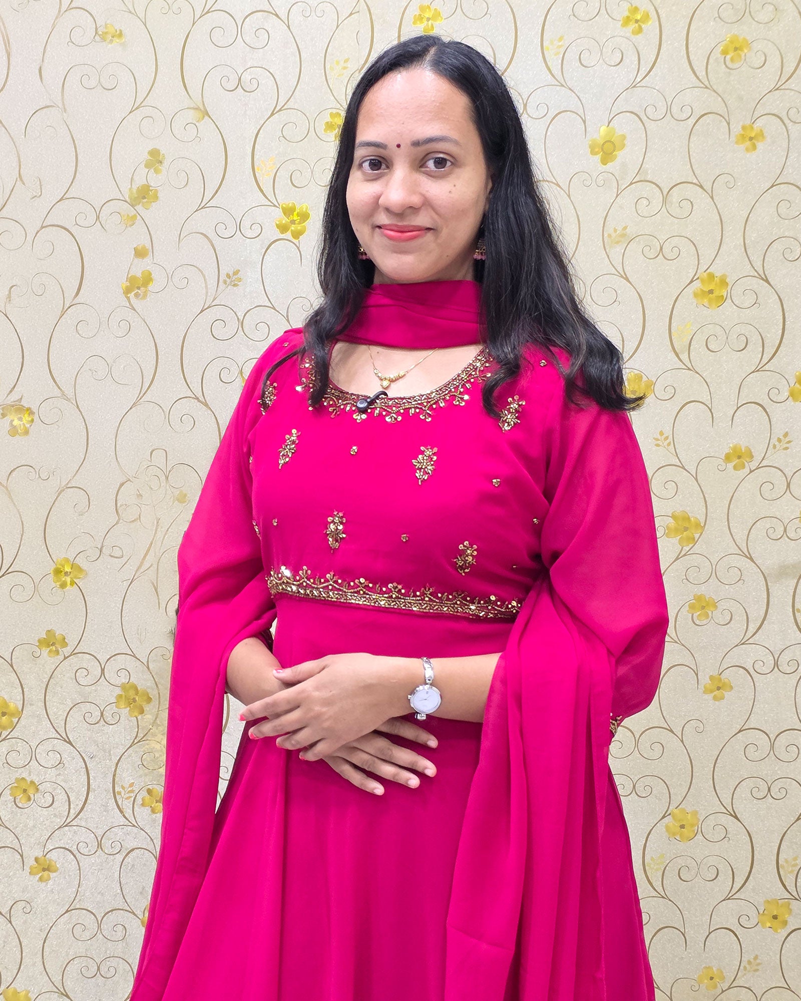 Close-up of pink georgette anarkali top showing bead handwork on neckline DD1202
