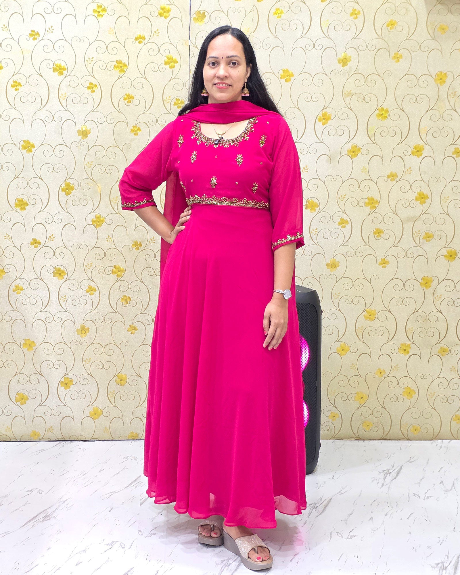Pink georgette handwork anarkali top and dupatta set DD1202 front view