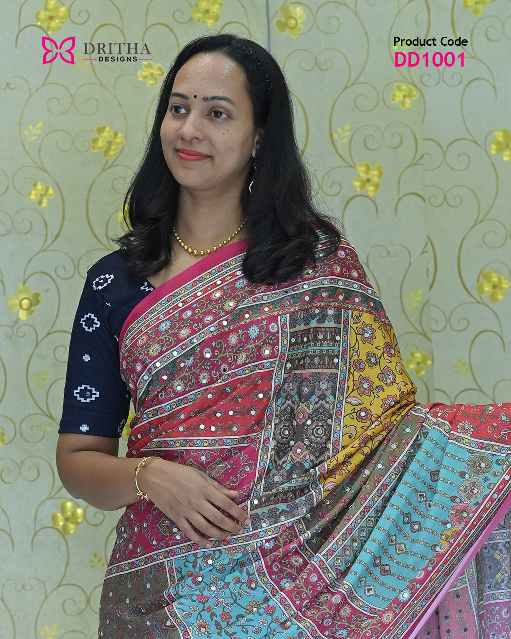 Pink Semi Modal Mirror Work Silk Saree – Close-Up | DD1001 | Dritha Designs