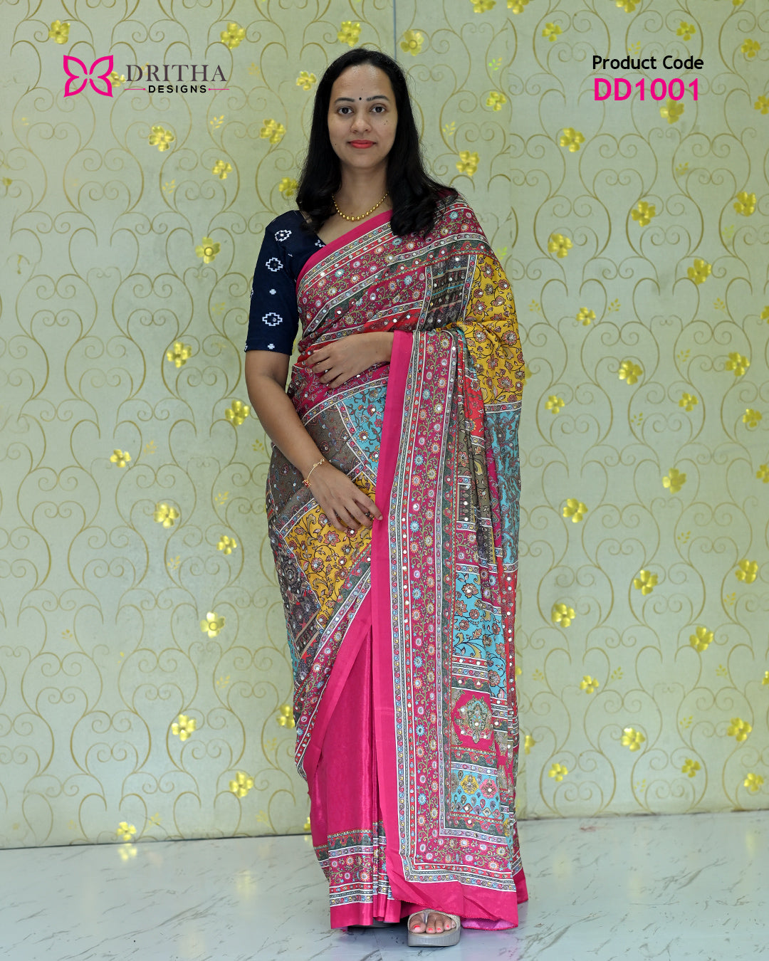 Pink Semi Modal Mirror Work Silk Saree – Full View | DD1001 | Dritha Designs