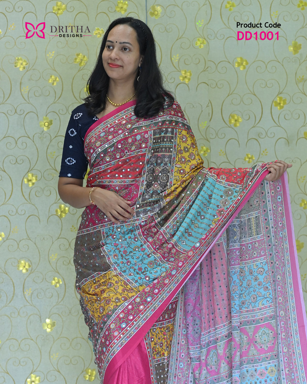 Pink Semi Modal Mirror Work Silk Saree – Mid View | DD1001 | Dritha Designs